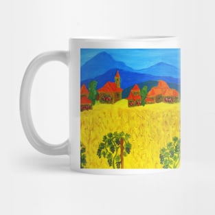 Landscape with yellow filed and blue hills Mug